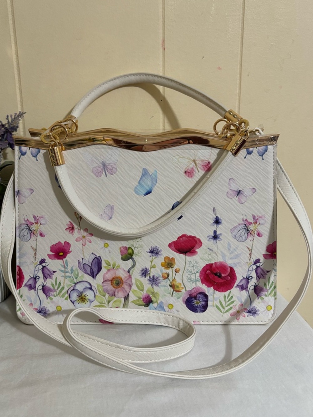 Floral Print White Top-Handle Shoulder Bag